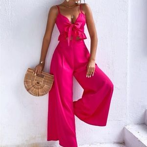 Boho Ruffle Front Tie Crop Cami Top Wide Leg Palazzo Pants Set